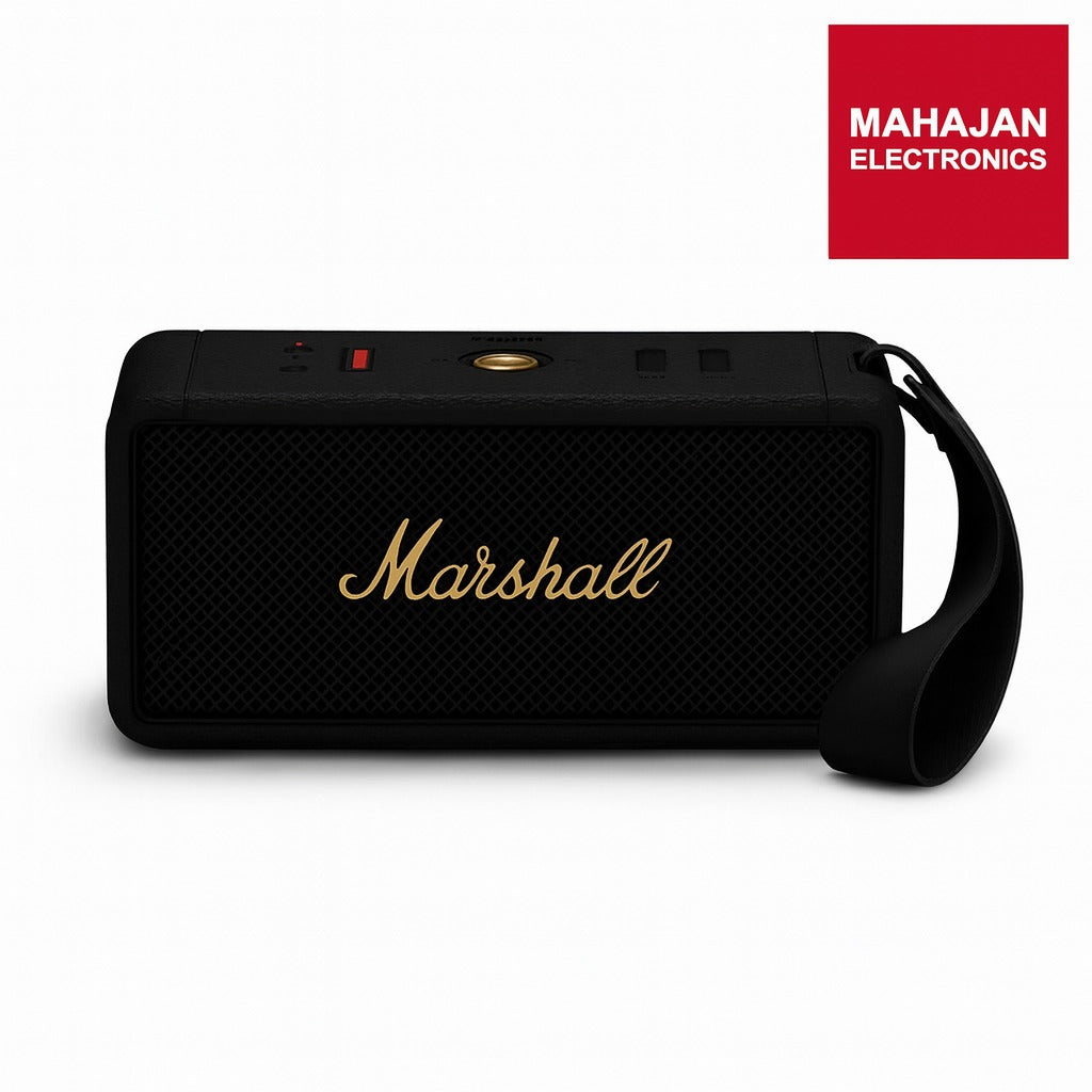 Black Marshall speaker with gold logo on a white background, featuring Mahajan Electronics logo.