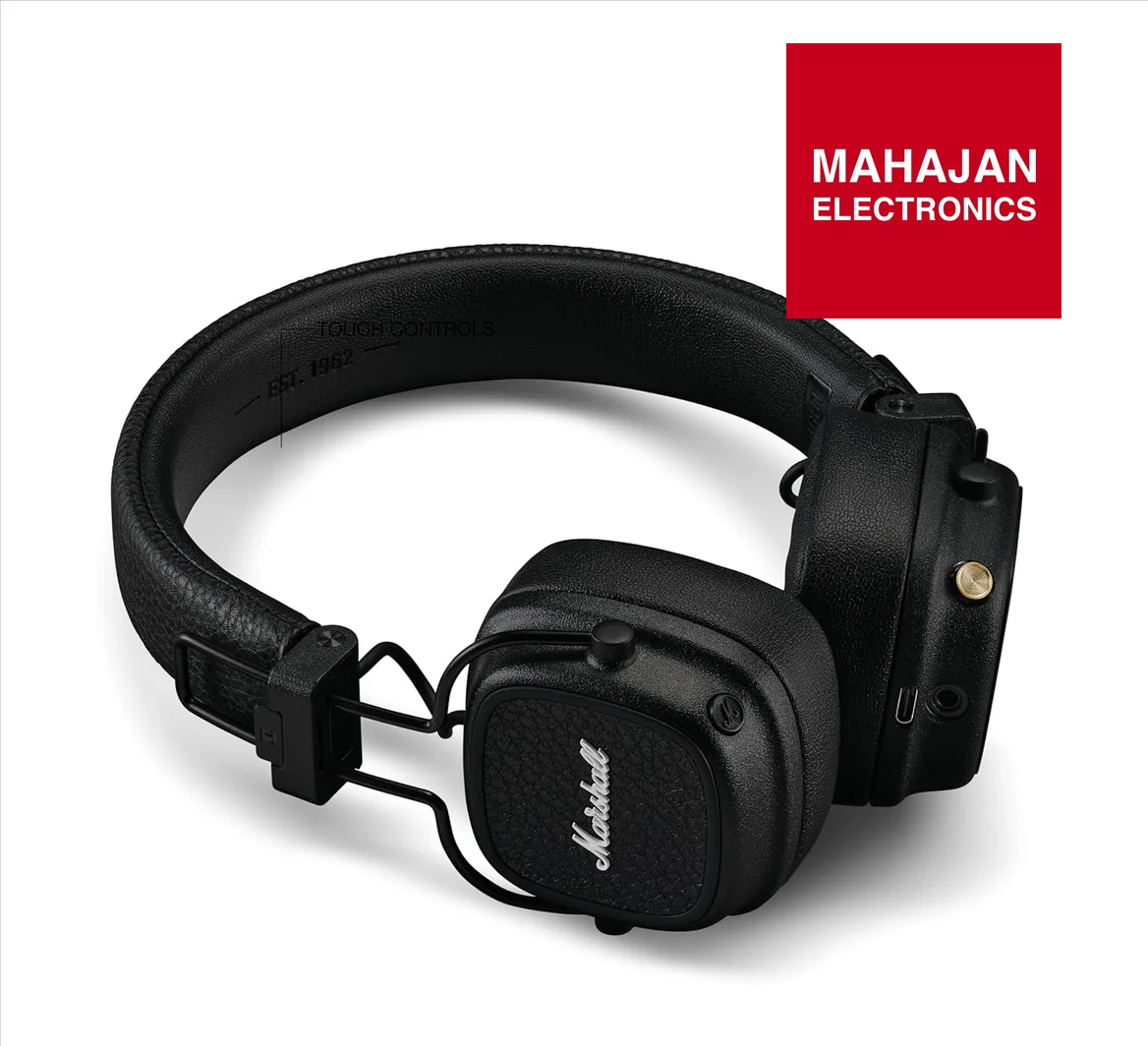 Black headphones with Marshall logo on a white background, featuring Mahajan Electronics branding.