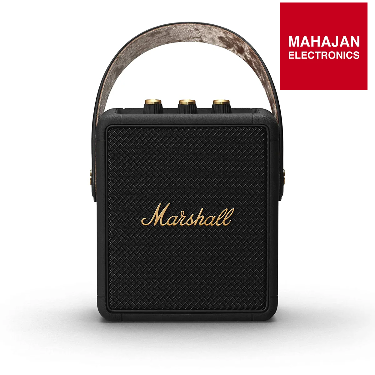 Black Marshall speaker with gold logo on a white background, featuring the Mahajan Electronics brand.