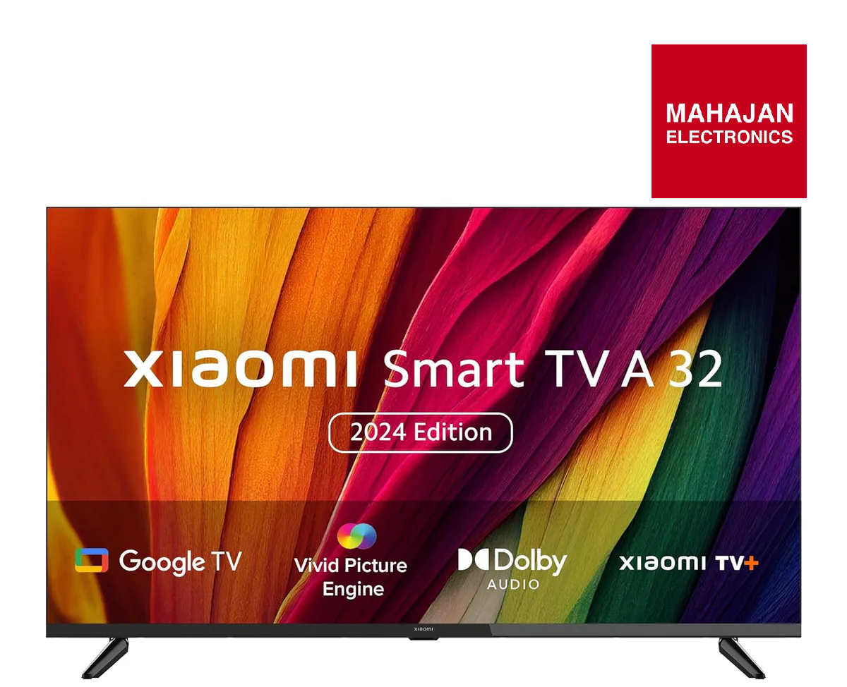 Xiaomi Smart TV A32 with colorful display and Mahajan Electronics logo.