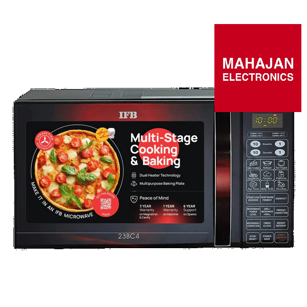 IFB microwave oven with a pizza image on the screen, branded as Mahajan Electronics.