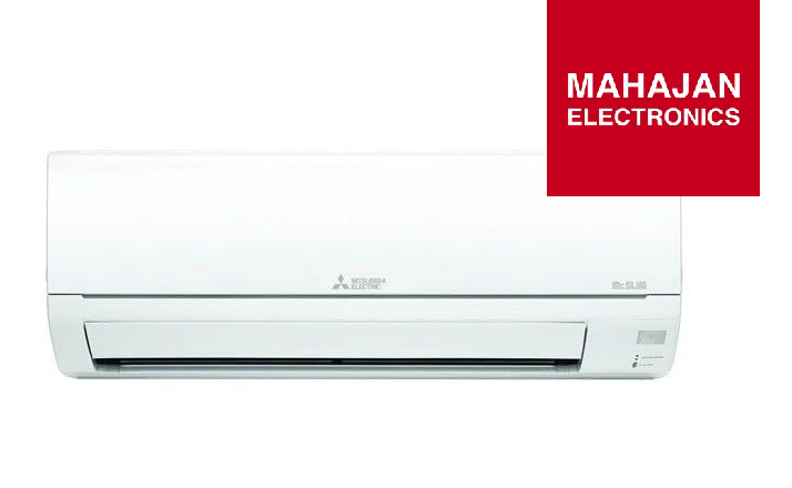 White air conditioner with Mahajan Electronics logo on a white background