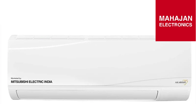 White air conditioner with Mitsubishi Electric India and Mahajan Electronics branding on a white background.