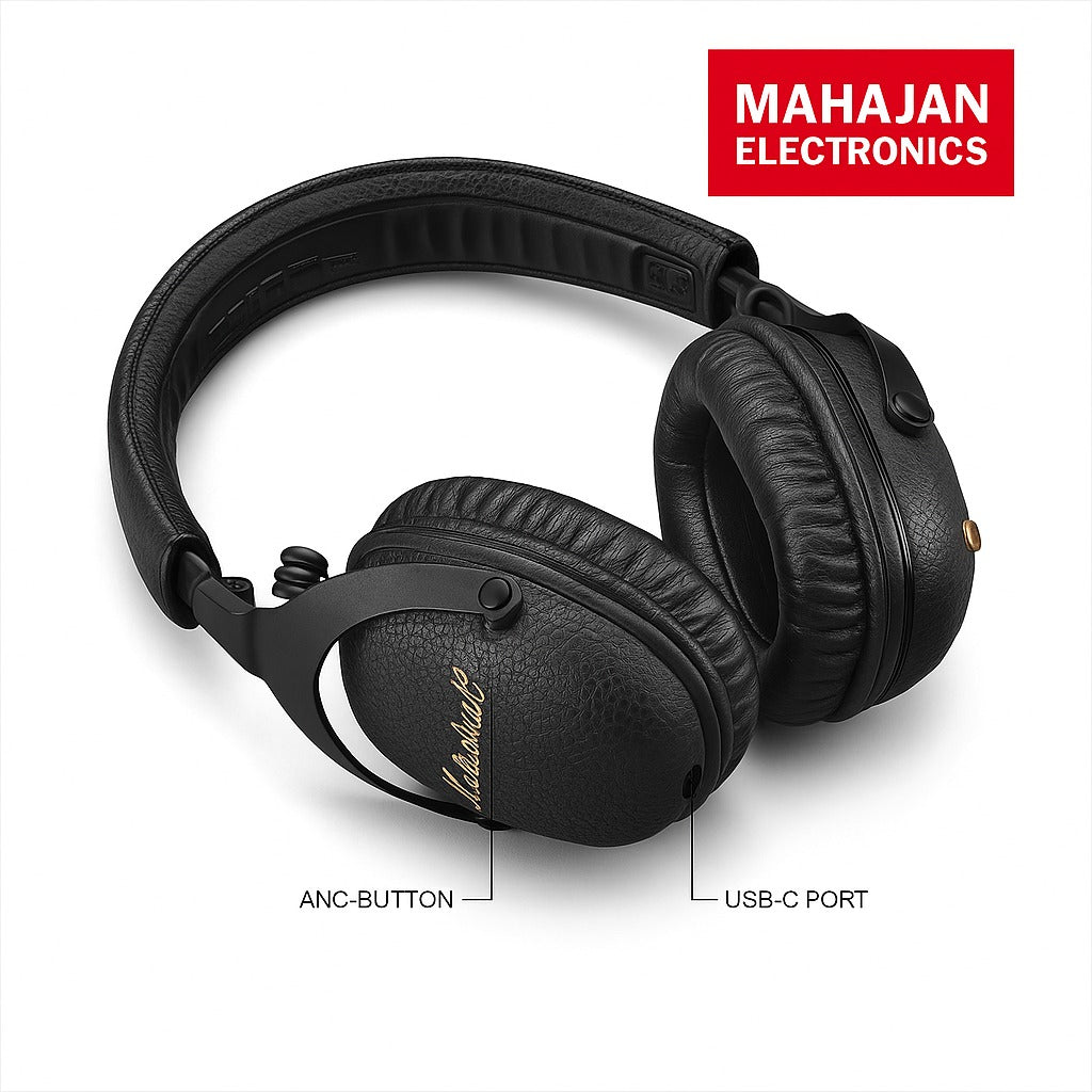 Black headphones with MAHAJAN Electronics branding on a white background