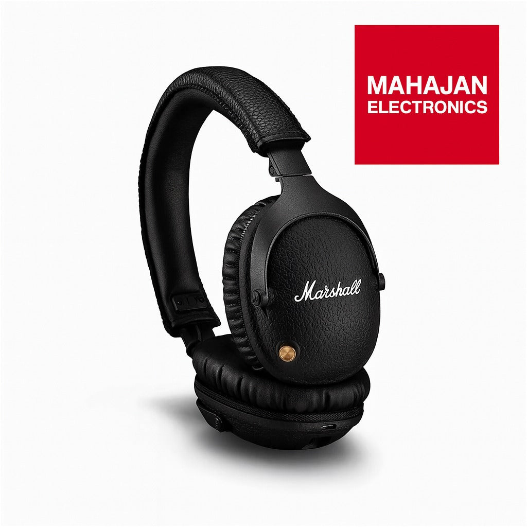 Black Marshall headphones with Mahajan Electronics logo on a white background