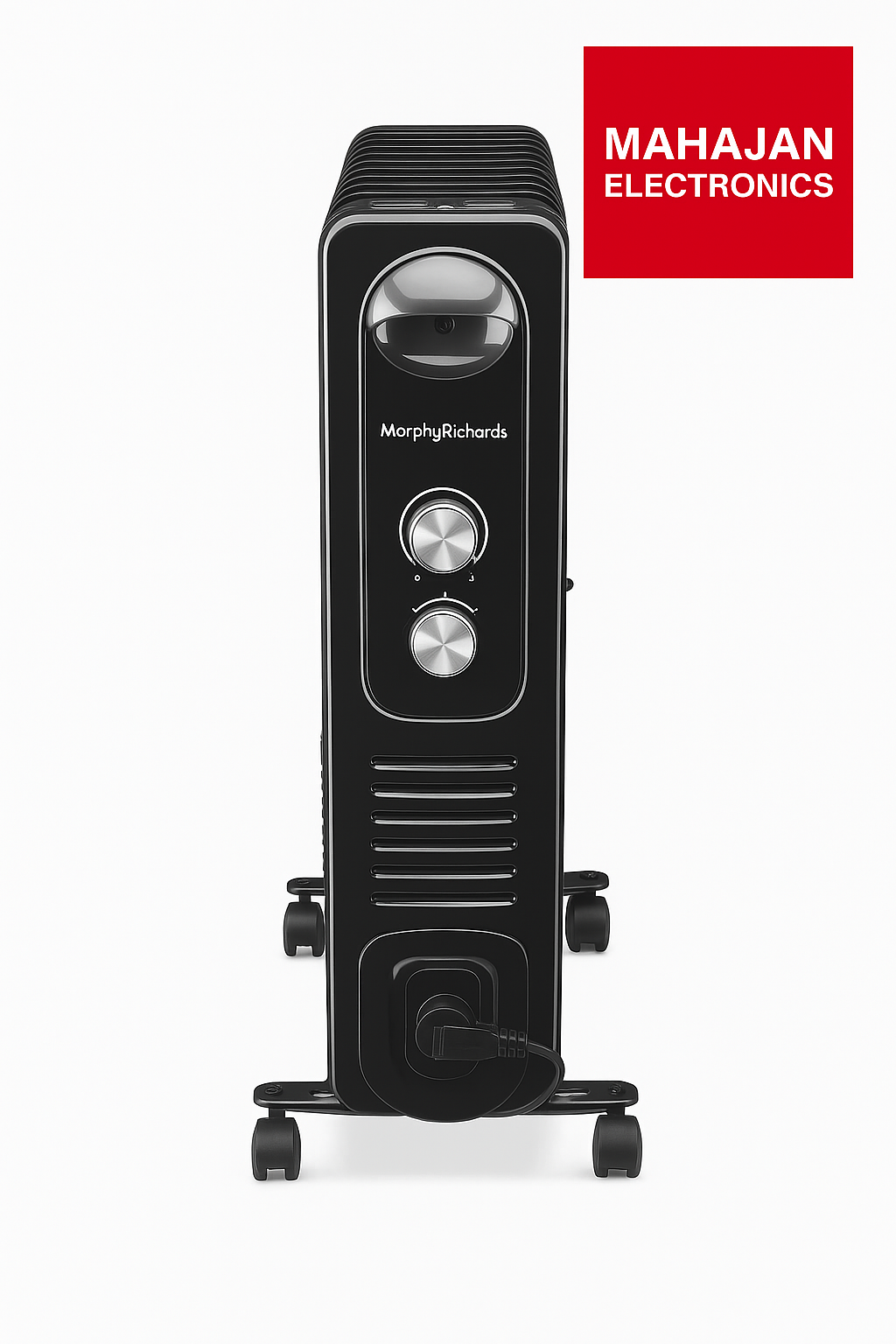 Black electric heater with 'Morphy Richards' branding on a white background, featuring the Mahajan Electronics logo.