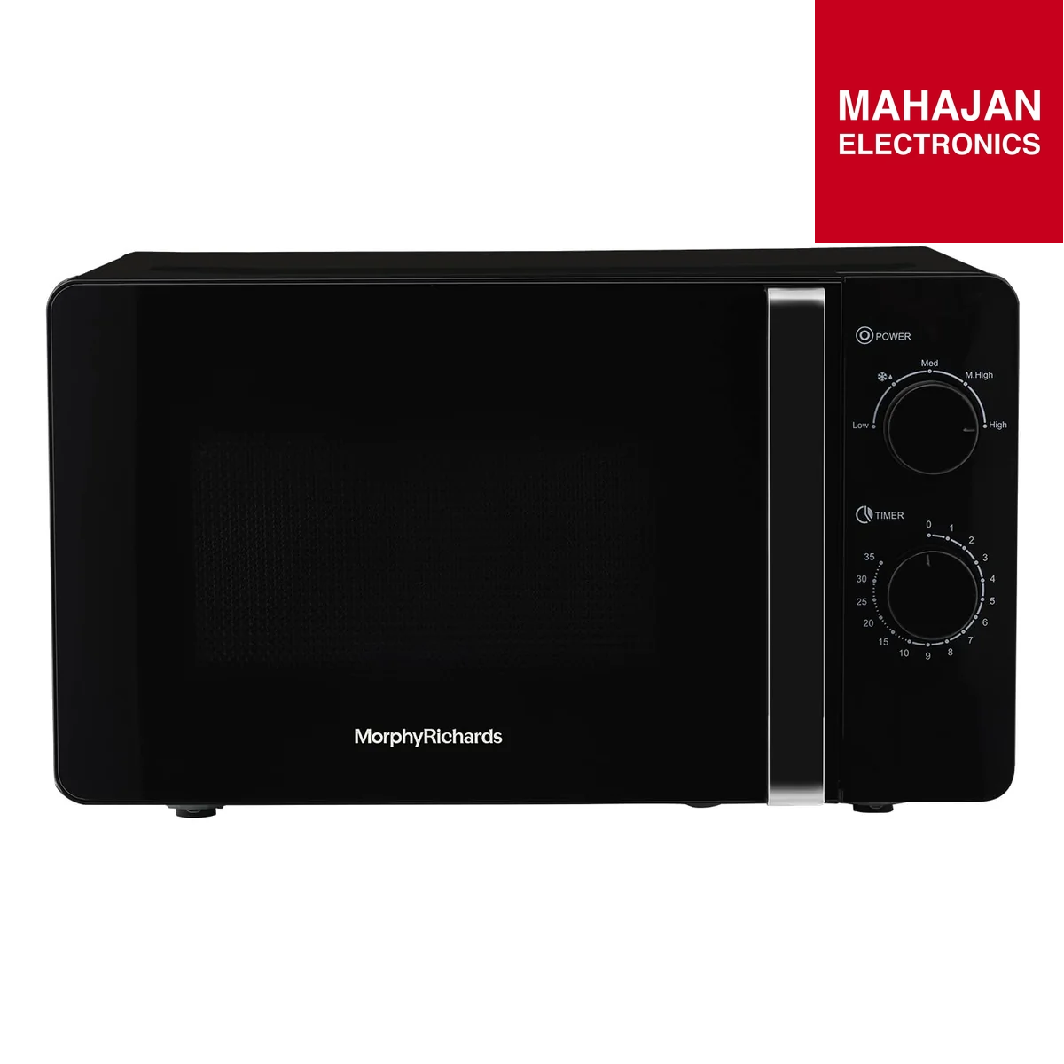 Black microwave oven with Morphy Richards branding on a white background, featuring Mahajan Electronics logo.