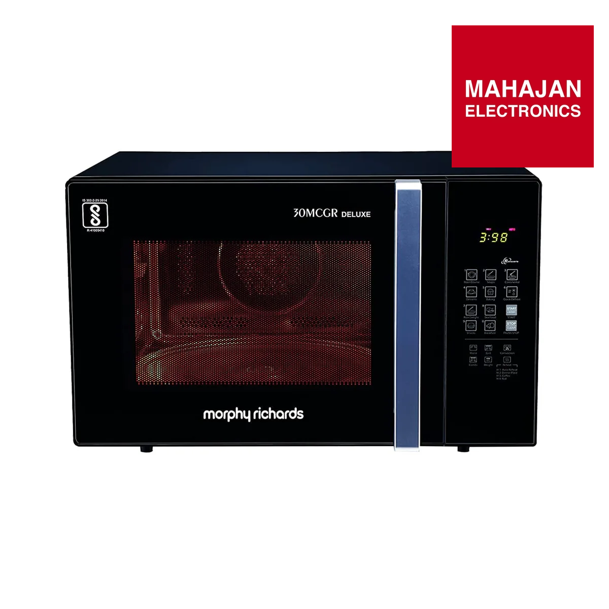 Black microwave oven with digital display on a white background, featuring Mahajan Electronics logo.
