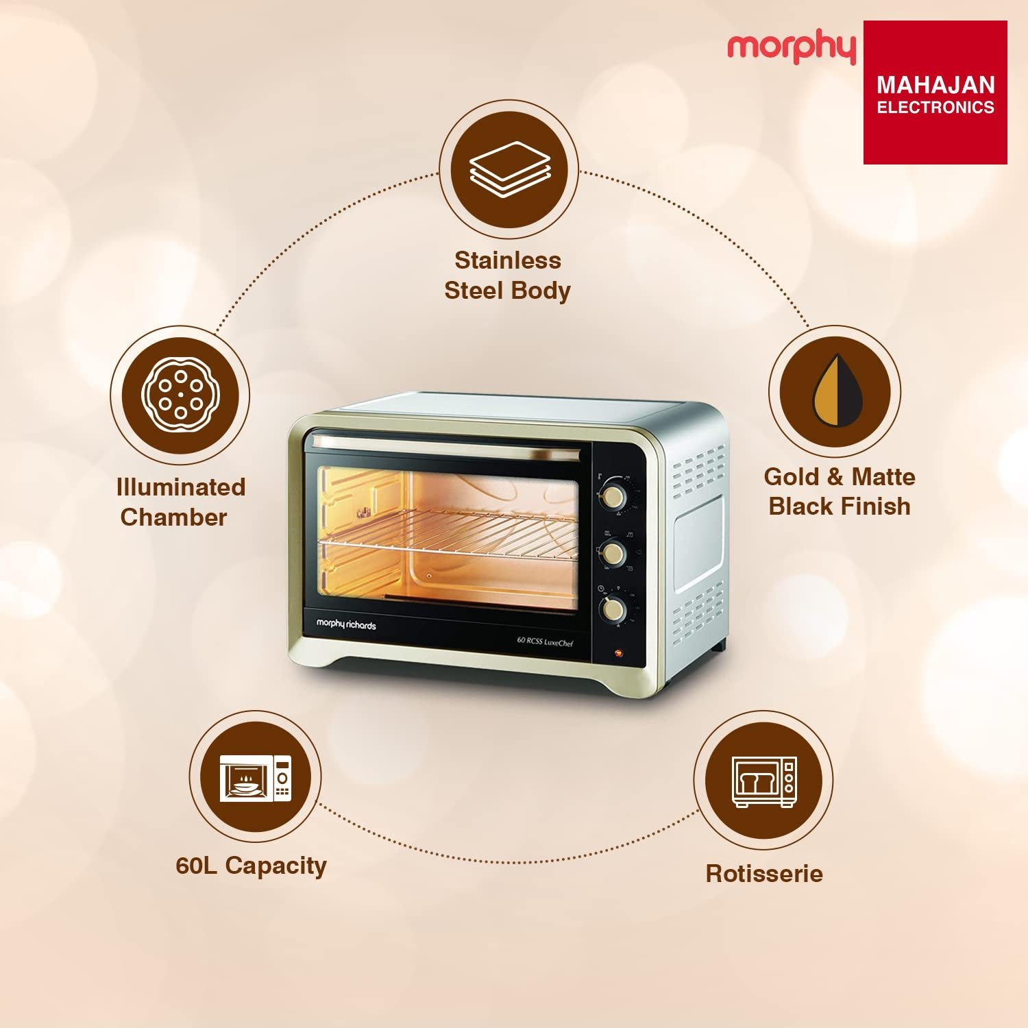 Morphy Richards 60RCSS Luxe 60L OTG with Convection, Rotisserie & Stainless Steel Finish – Premium Baking, Grilling & Roasting | -Online Mahajan Electronics