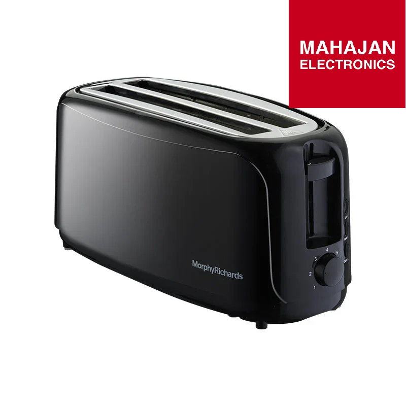 Black toaster with Morphy Richards branding on a white background, featuring Mahajan Electronics logo.