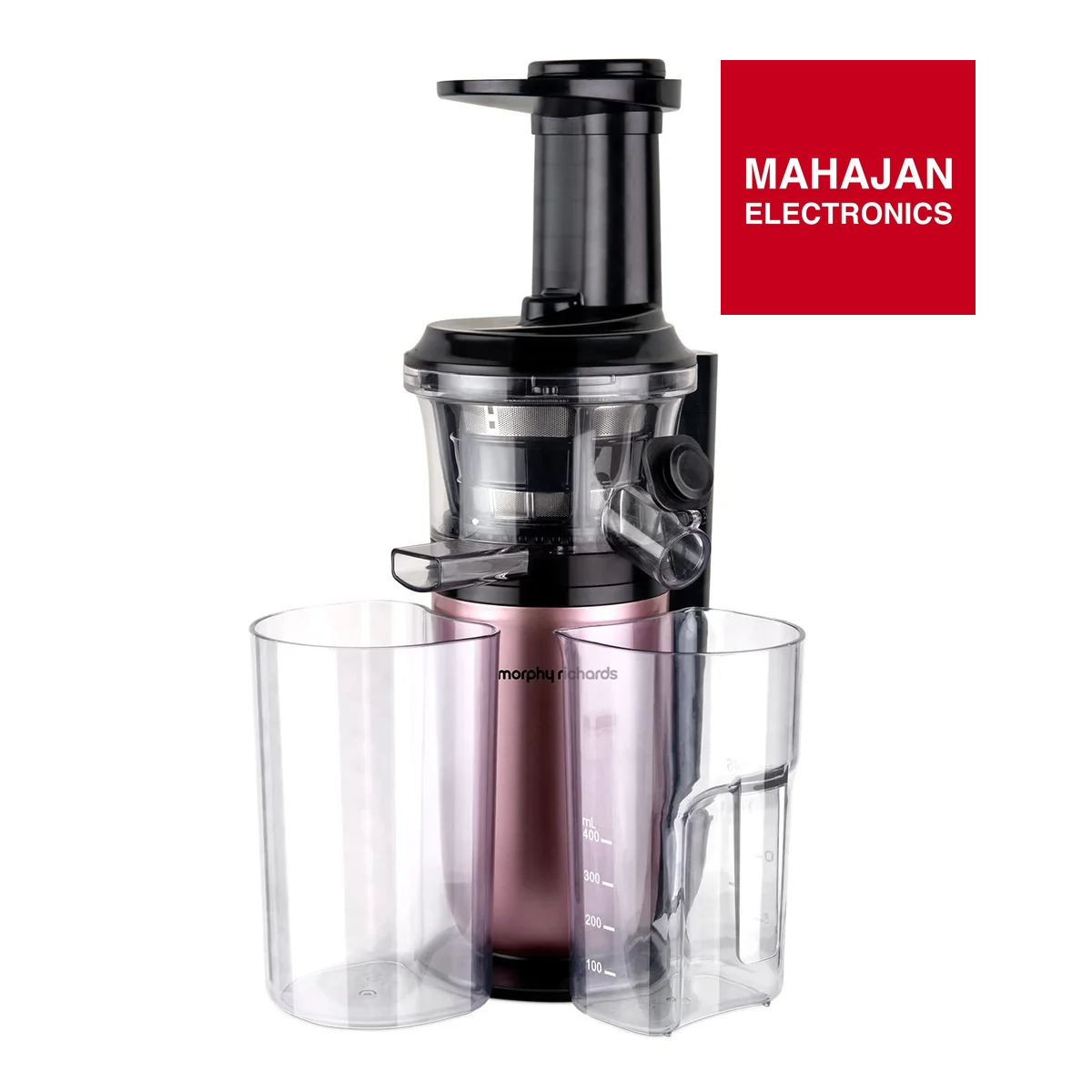 Juicer with a clear container on a white background, featuring the Mahajan Electronics logo.