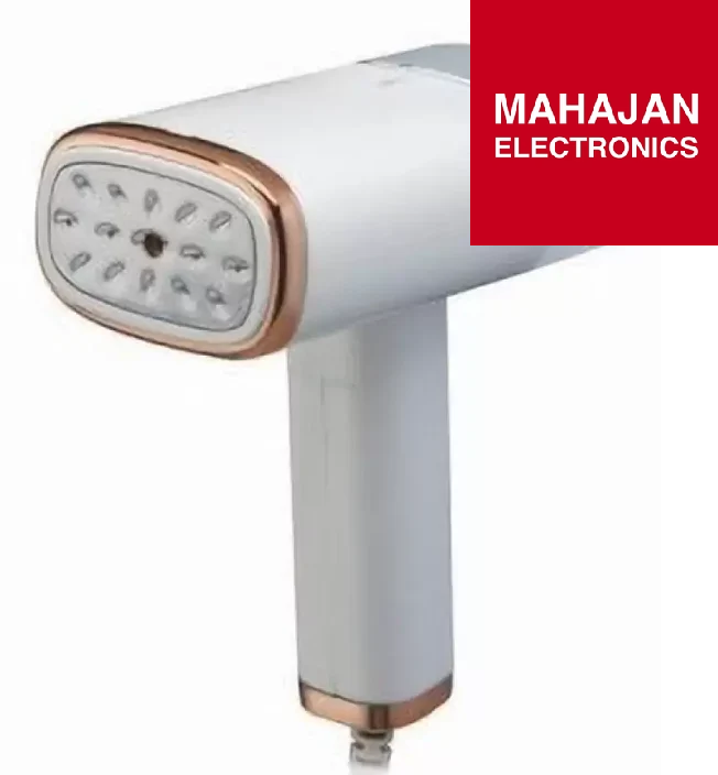 White hair dryer with copper accents on a white background, featuring the Mahajan Electronics logo.