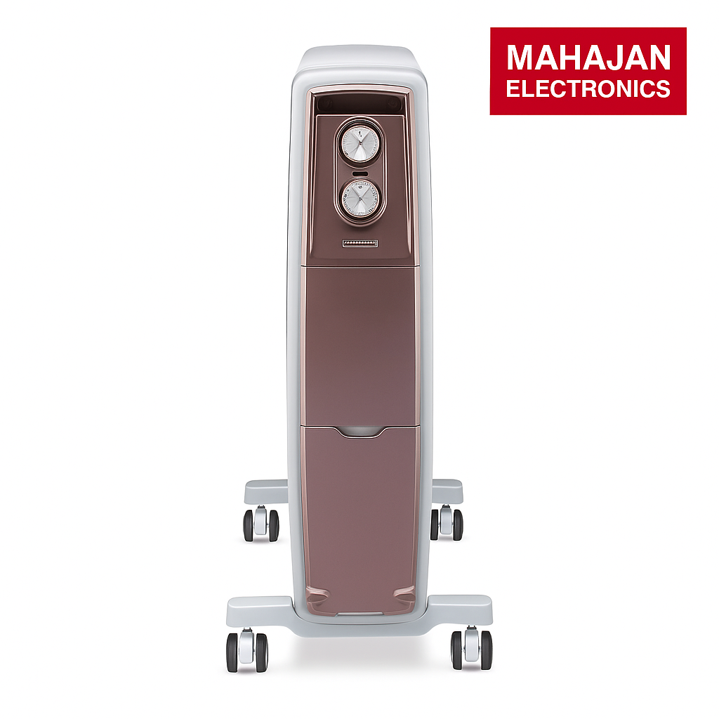 Heater with wheels on a white background, featuring the Mahajan Electronics logo.