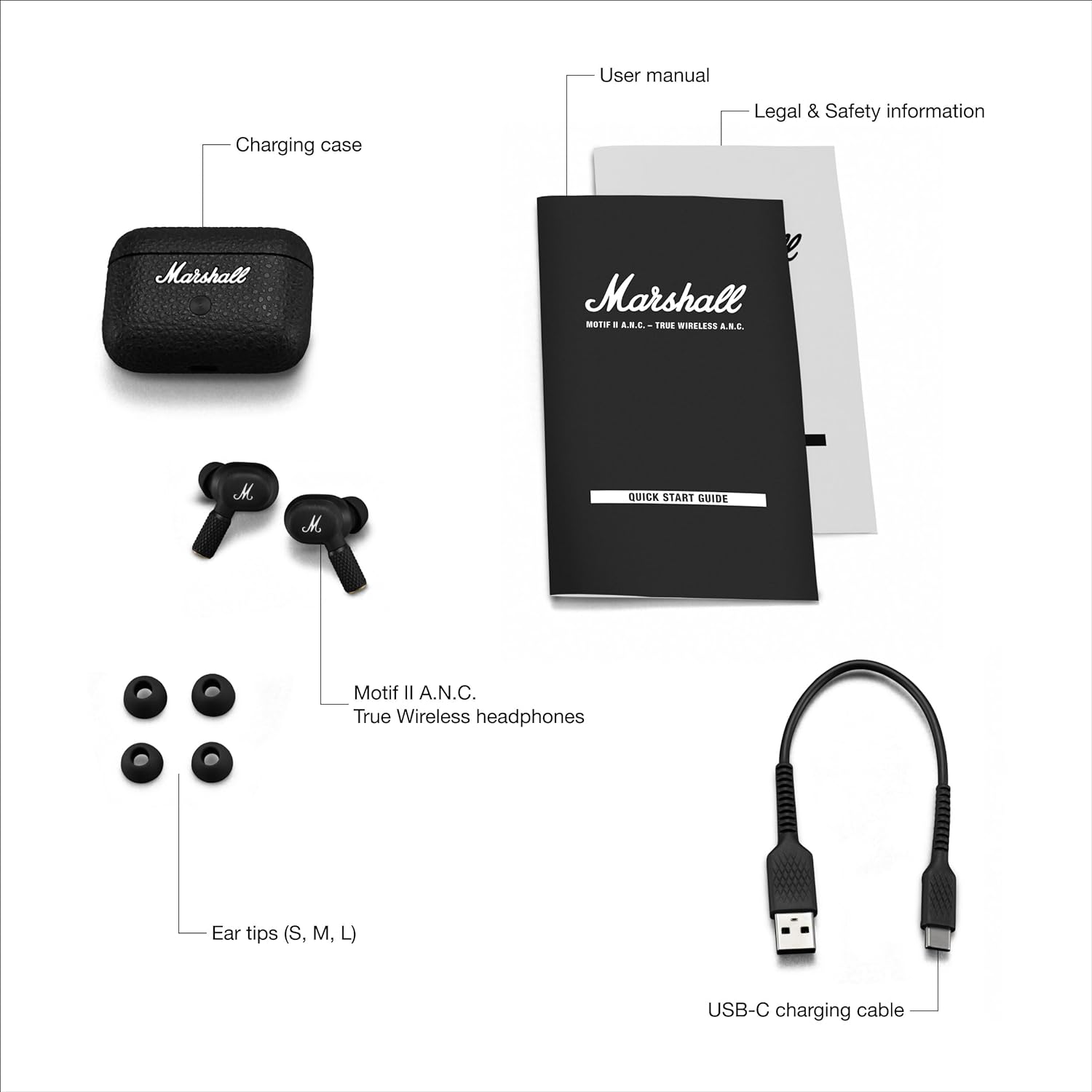 Marshall Motif II ANC - True Wireless Active Noise Cancelling Bluetooth Headphones, Earbuds, 30 Hours Playtime – Black - Mahajan Electronics Online