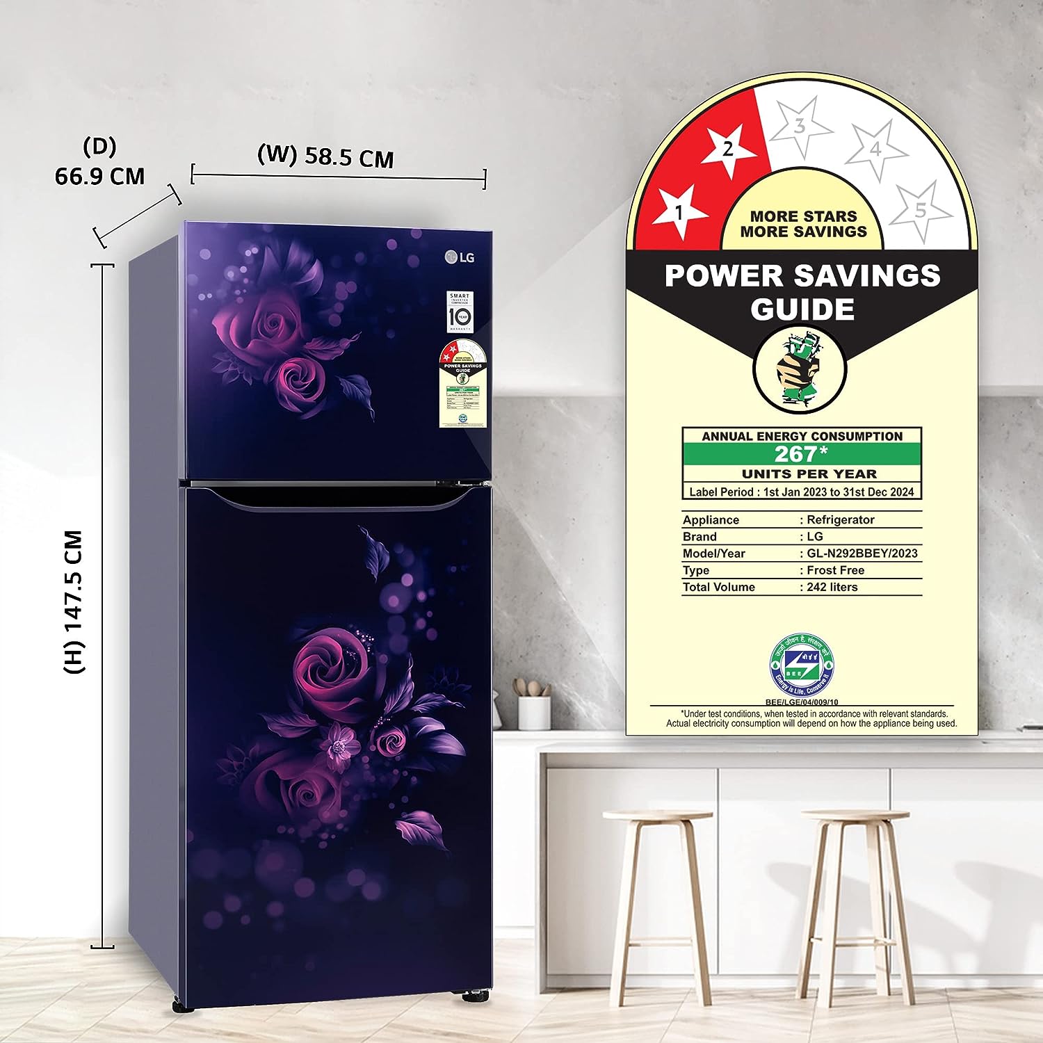 LG 242 L 2 Star Smart Inverter Frost-Free Double Door Refrigerator (2023 Model, GL-N292BBEY, Blue Euphoria, Smart Connect) - Mahajan Electronics Online