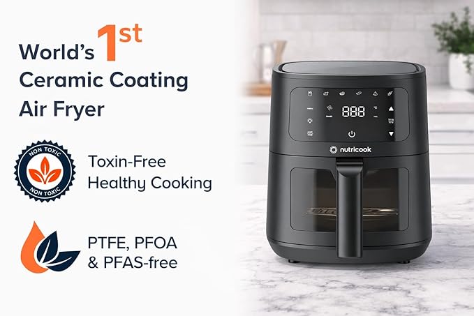 Nutricook Essential 4.5L Air Fryer , 2026 New Launch, 100% Toxin-Free Ceramic Coating - No PTFE, PFAS, PFOA or Microplastics, Clear Window, 1300W, 6 Cooking Programs, 2-Year Warranty-Online Mahajan Electronics