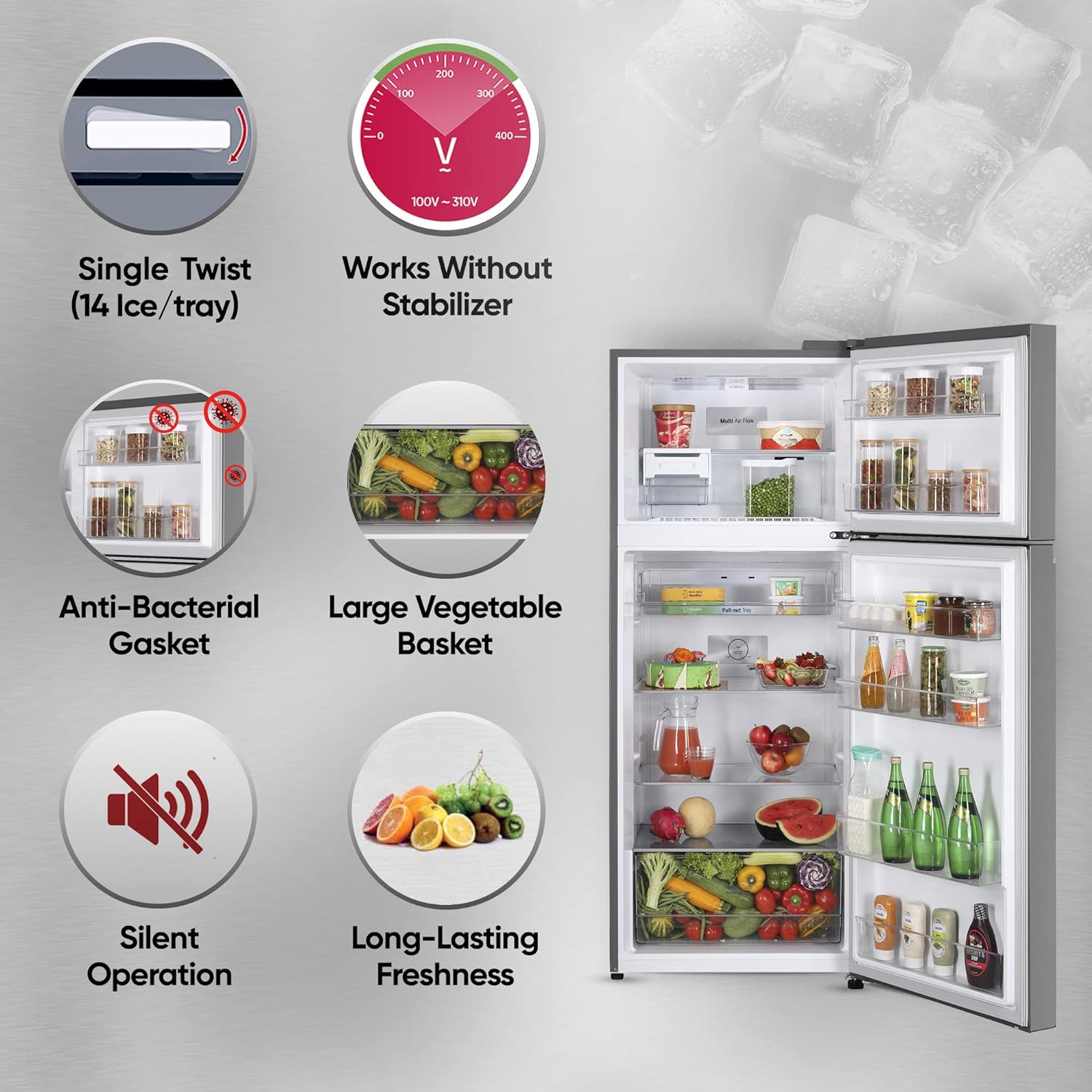 LG GL-N412SDSY 380 Litre 2 Star Frost-Free Smart Inverter Double Door Refrigerator (‎  Dazzle Steel, Express Freeze)