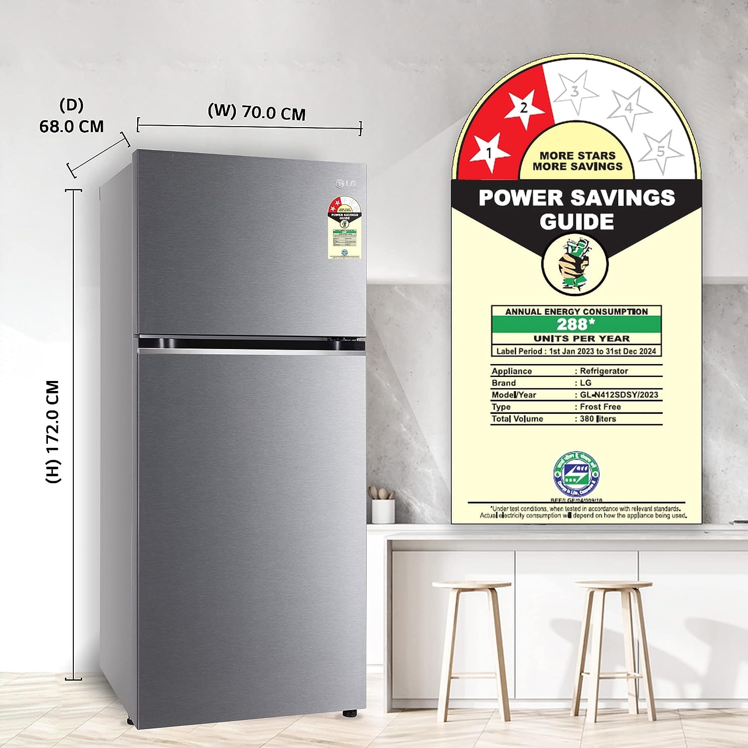 LG GL-N412SDSY 380 Litre 2 Star Frost-Free Smart Inverter Double Door Refrigerator (‎  Dazzle Steel, Express Freeze)