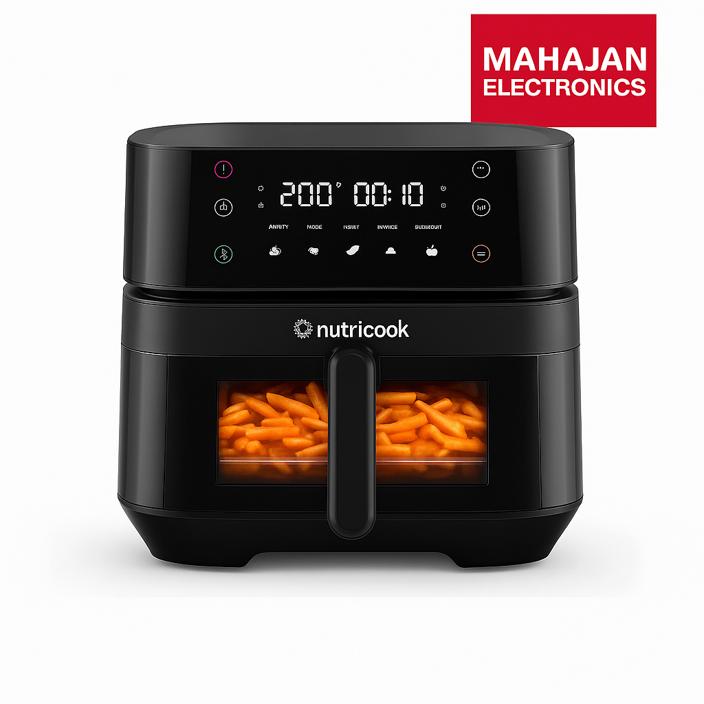 Black air fryer with digital display showing '20:00:10' and 'Nutricook' branding, with 'Mahajan Electronics' logo above.