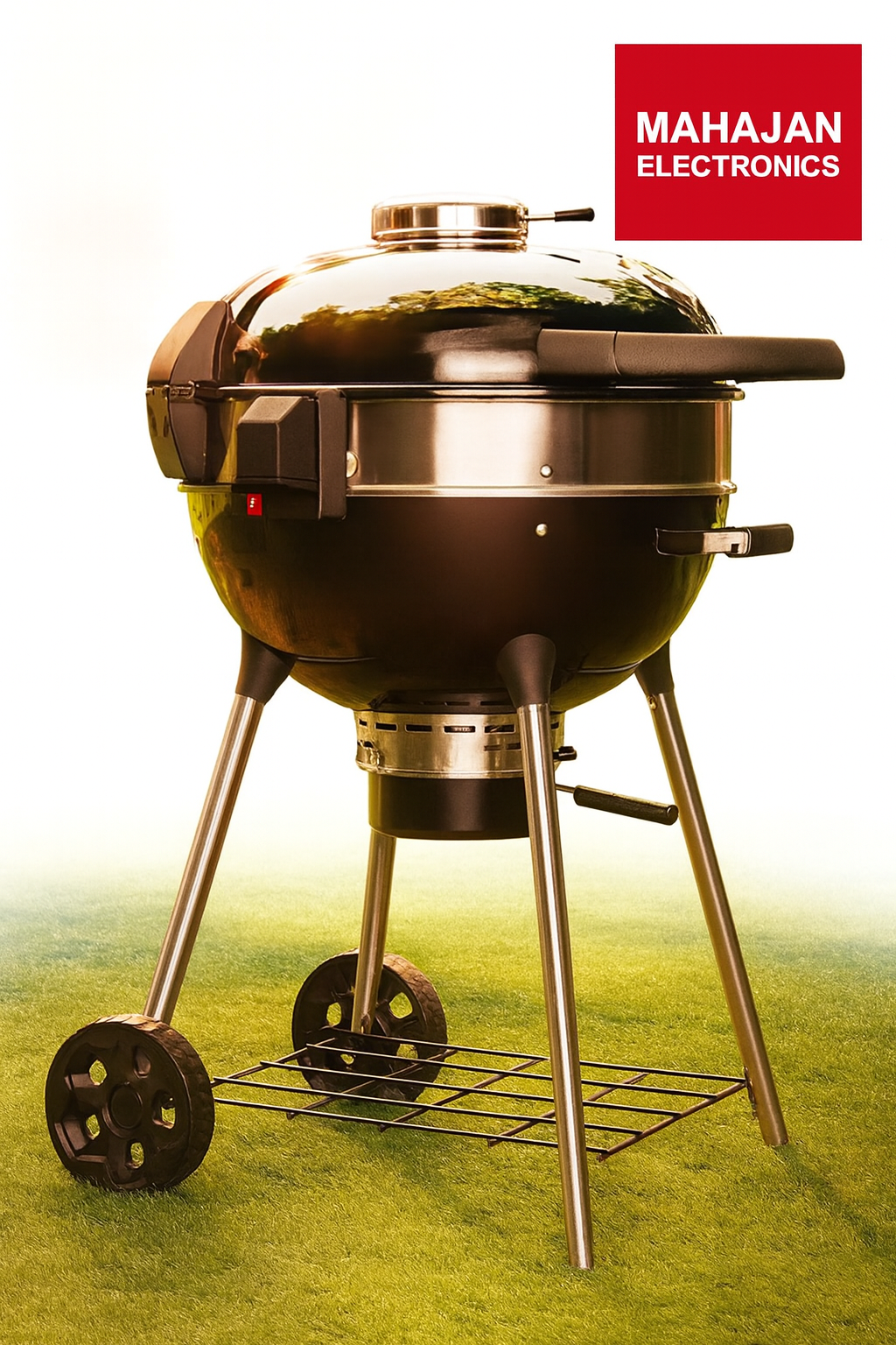 Barbecue grill on a grassy background with Mahajan Electronics logo.
