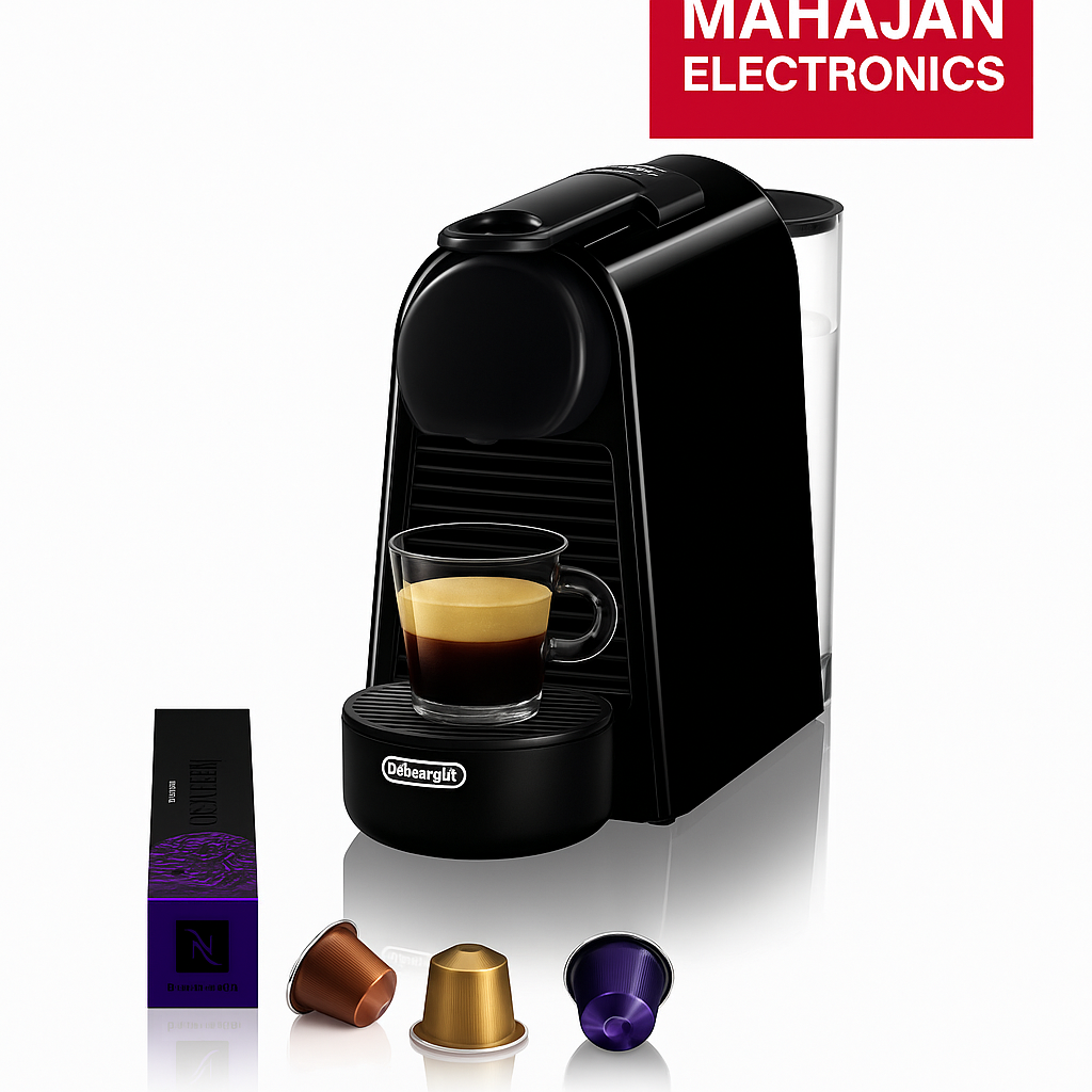 Black coffee machine with a glass of coffee and capsules on a white background, featuring Mahajan Electronics logo.