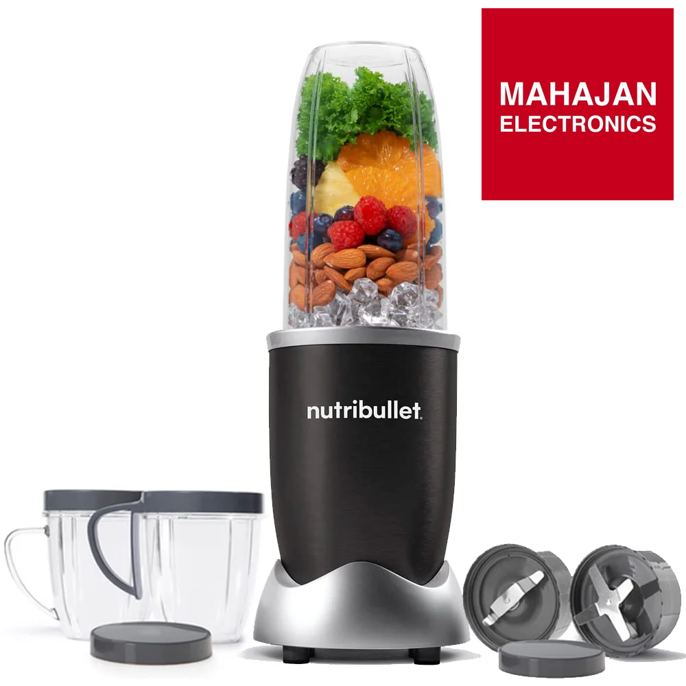 Nutribullet blender with fruits and vegetables on a white background, featuring the Mahajan Electronics logo.