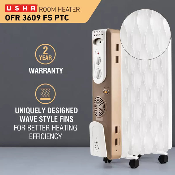USHA OFR 3609 FS PTC 2000W Oil Filled Room Heater – Fins, Adjustable