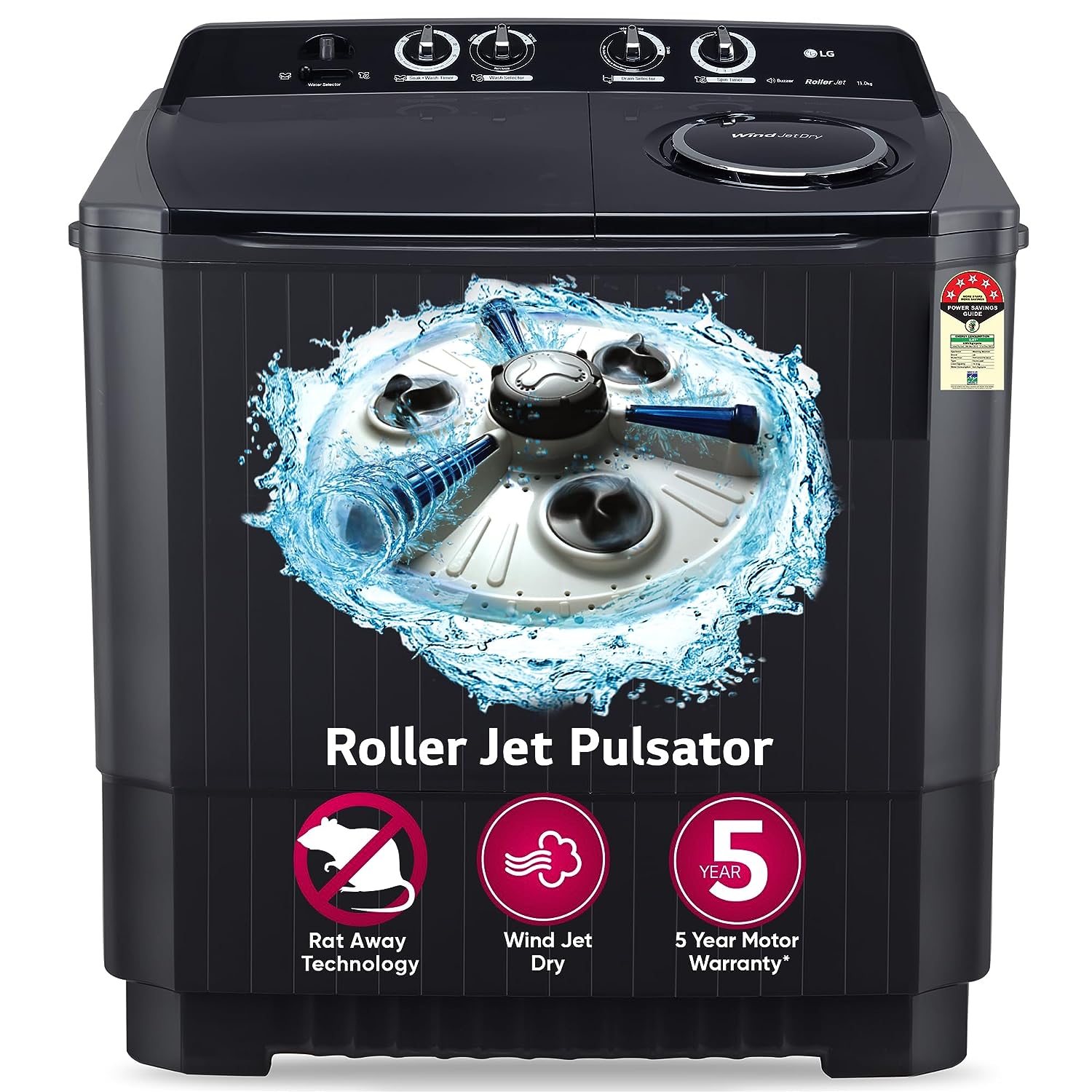 LG 11.5 Kg 5 Star Wind Jet Dry Rat Away Technology Semi-Automatic Top Loading Washing Machine (P115ASKAZ, Roller Jet Pulsator, Punch + 3, Middle Black) - Mahajan Electronics Online