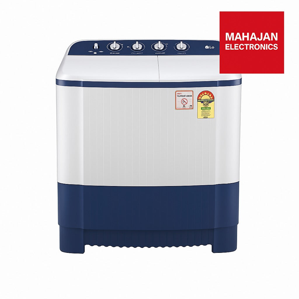 White and blue LG washing machine with Mahajan Electronics logo on a white background