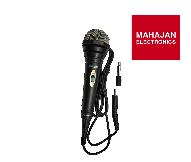 Black microphone with cable on a white background, featuring Mahajan Electronics logo.