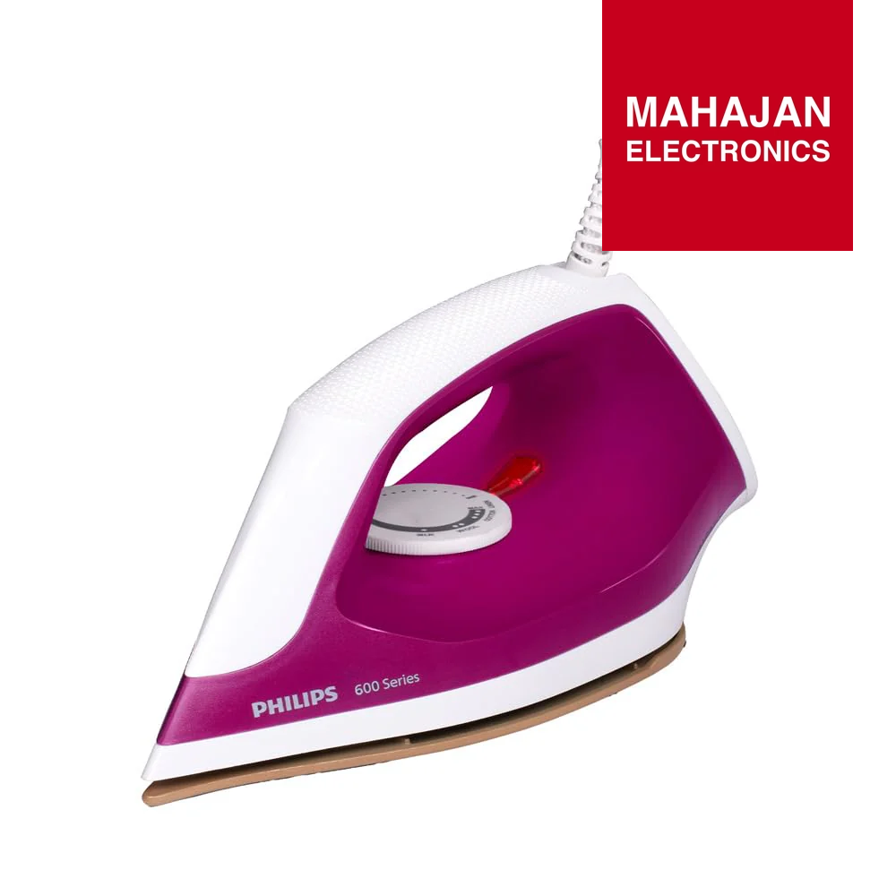 Purple and white Philips iron on a white background with Mahajan Electronics logo.