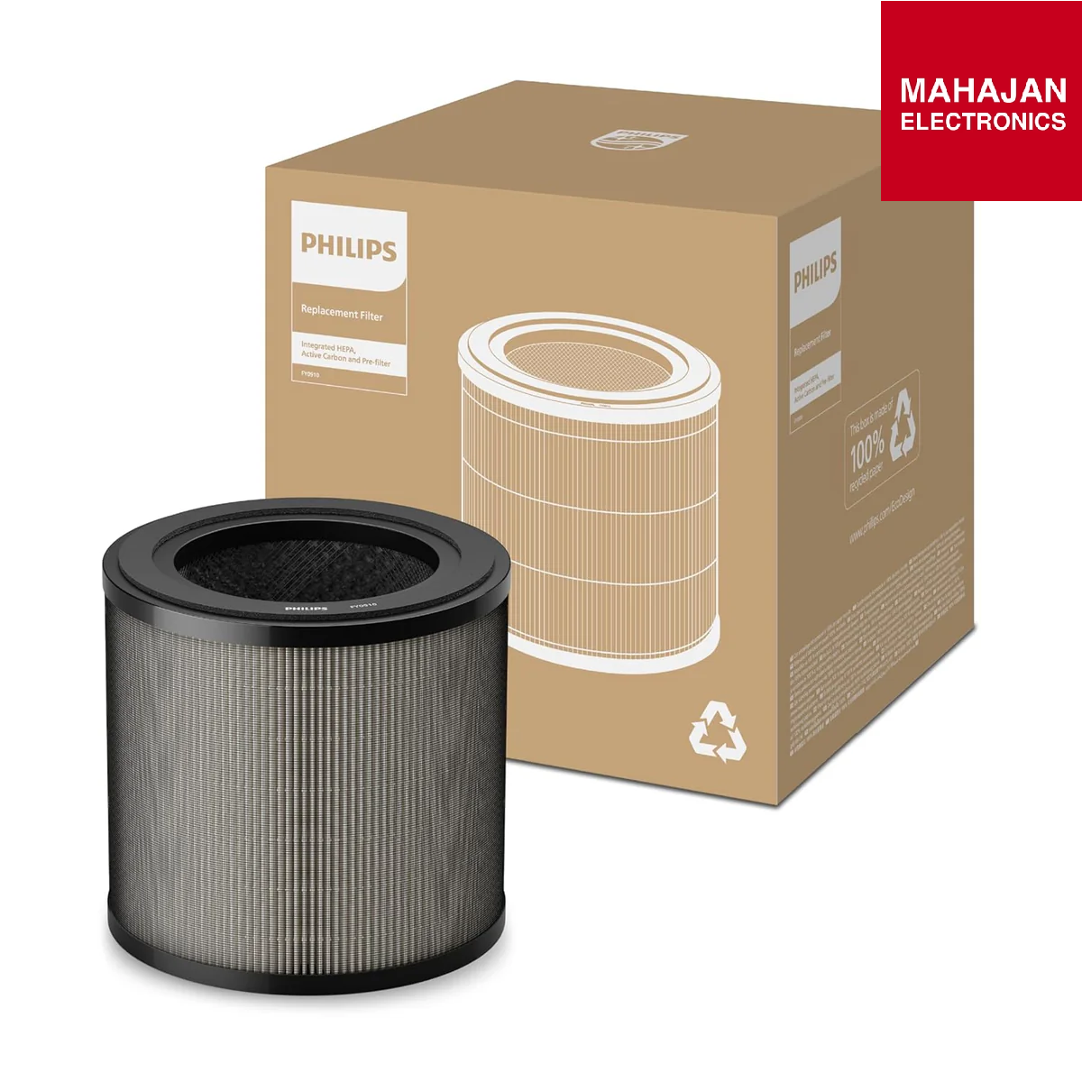 Philips air filter with packaging and Mahajan Electronics logo.