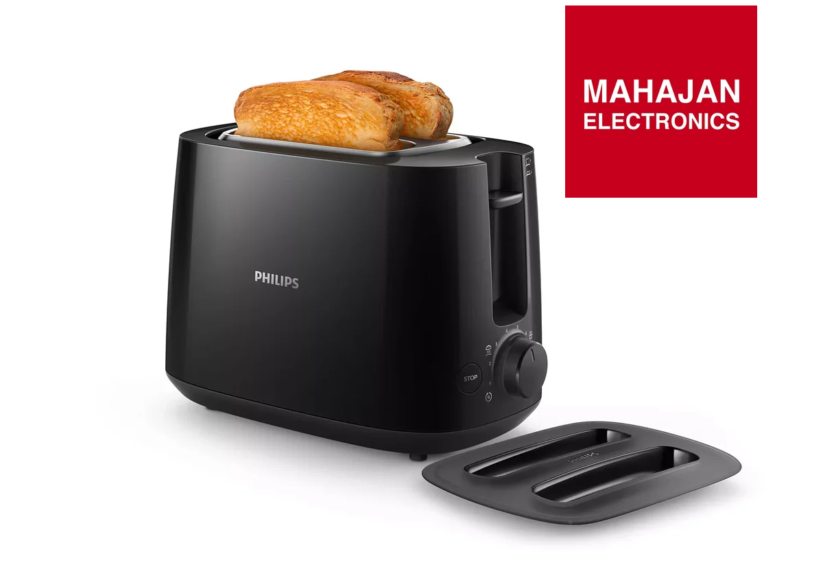Black Philips toaster with bread slices on a white background, featuring the Mahajan Electronics logo.