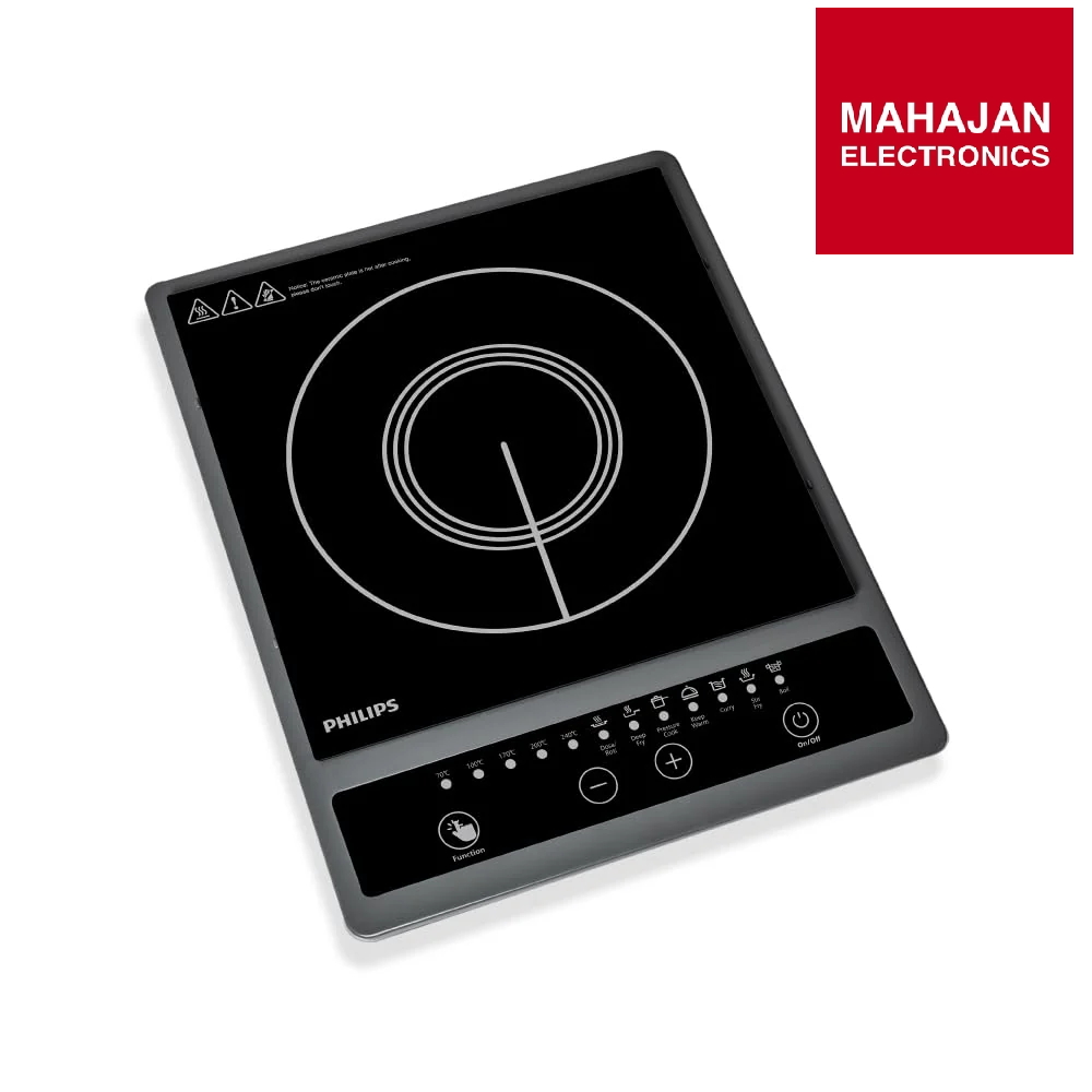 Induction cooktop with Philips logo and Mahajan Electronics branding on a white background