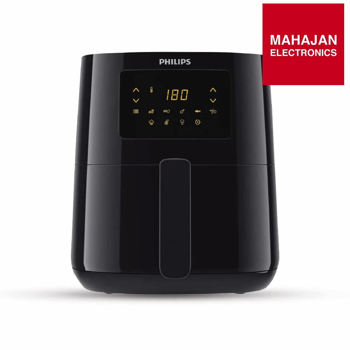 Black Philips air fryer with digital display on a white background, featuring the Mahajan Electronics logo.