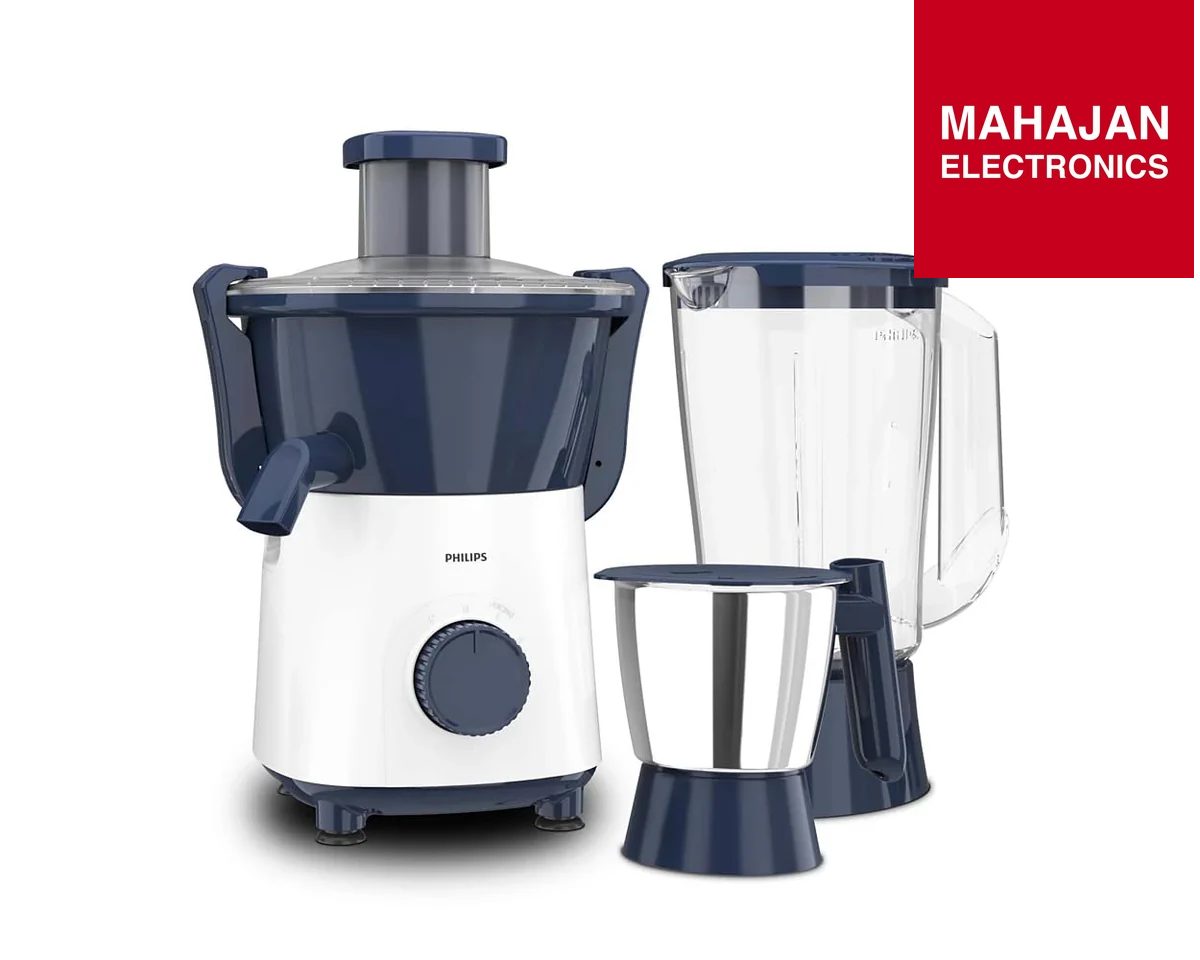 Philips juicer set with blue and white design on a white background, featuring the Mahajan Electronics brand.