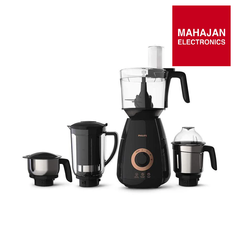 Black kitchen appliance set with various components on a white background, featuring the Mahajan Electronics logo.