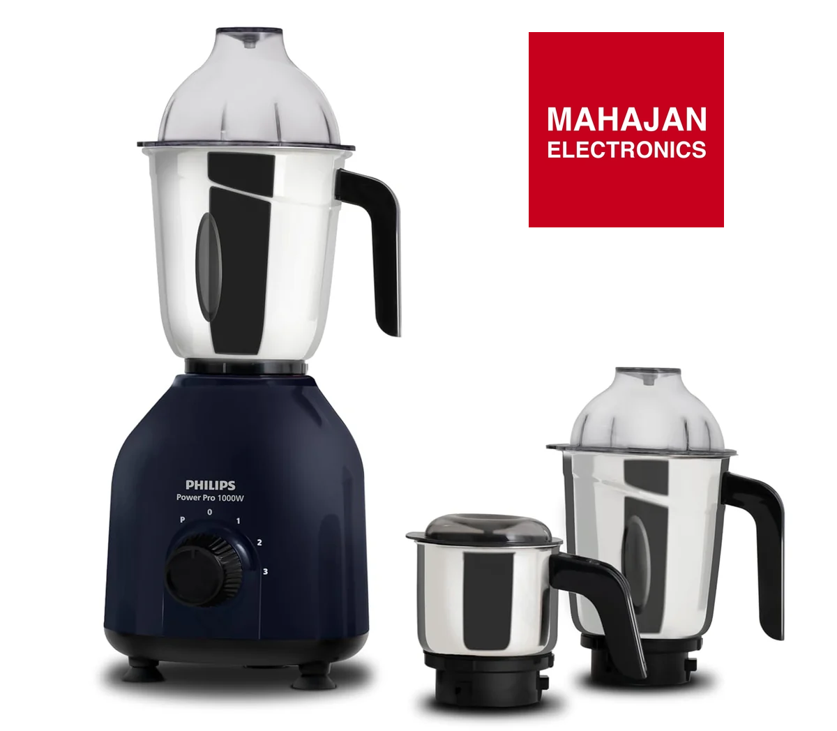 Philips blender set with attachments on a white background, featuring the Mahajan Electronics logo.