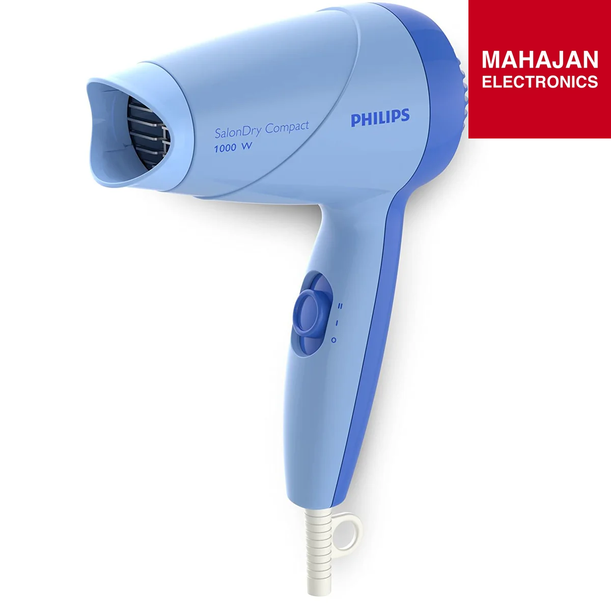 Blue Philips hair dryer on a white background with 'Mahajan Electronics' logo.