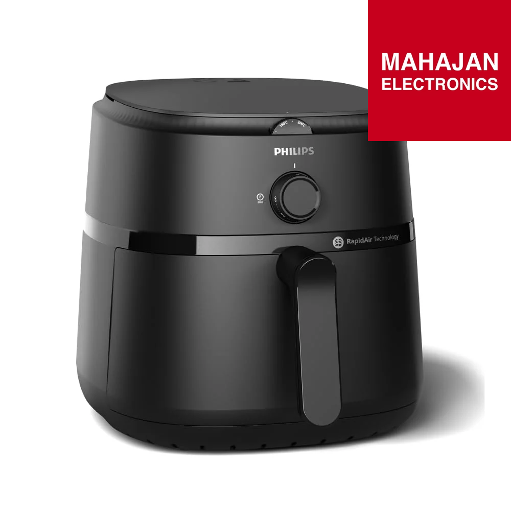 Black Philips air fryer on a white background with Mahajan Electronics logo.