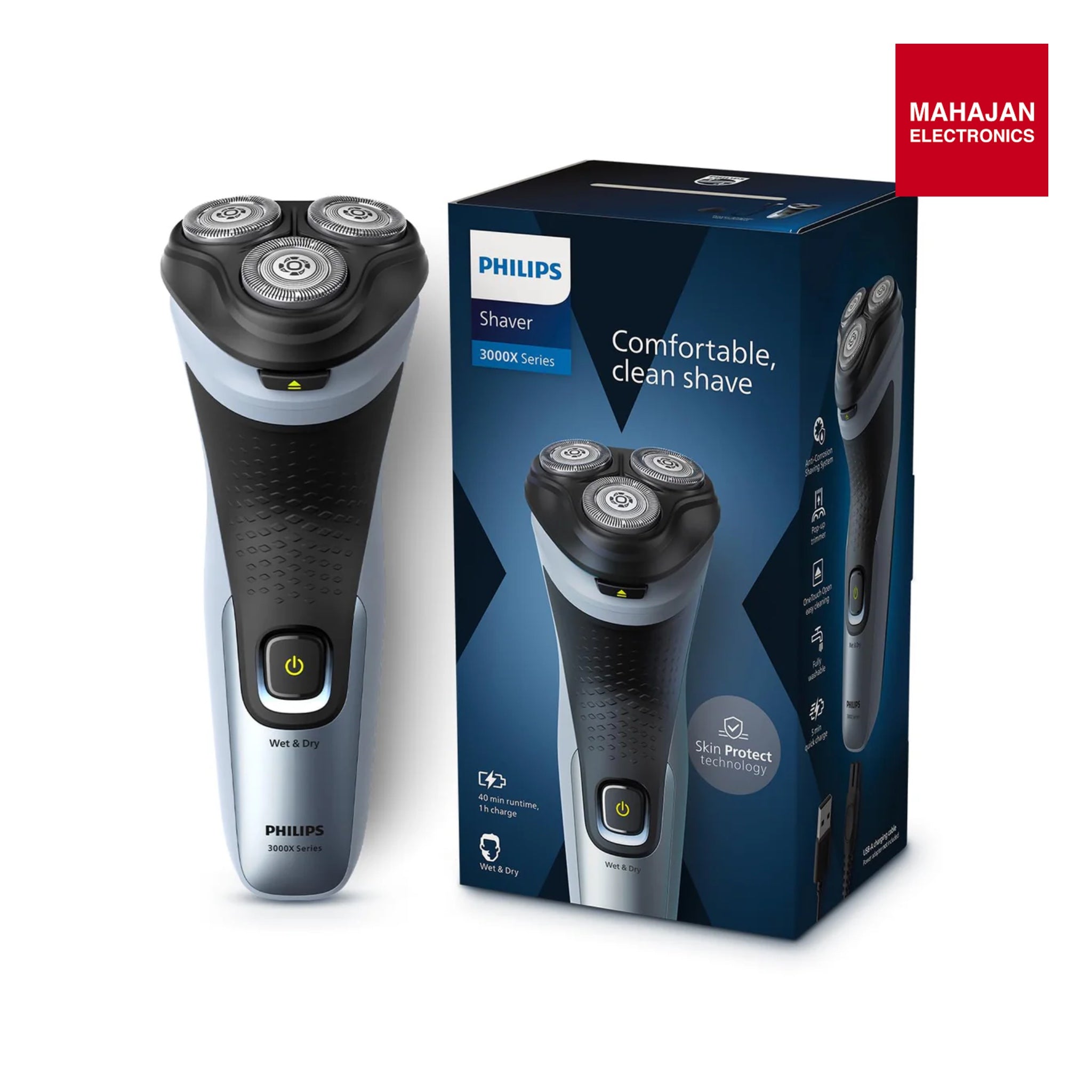 Philips X3063/03 Electric Shaver For Men, Skinprotect Technology, Wet And Dry Shave, 3D Floating Heads, 27 Self Sharpening Blades, Pop-Up Trimmer, Cordless, Waterproof  , Blue