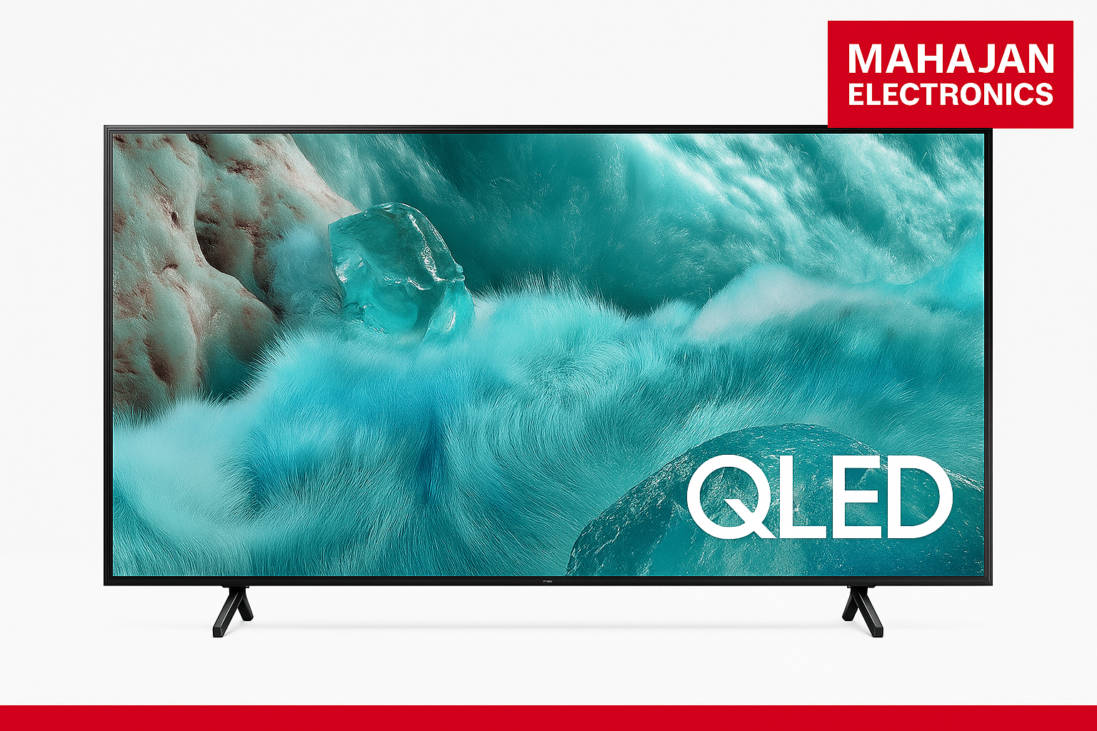QLED TV with MAHAJAN ELECTRONICS branding on a white background