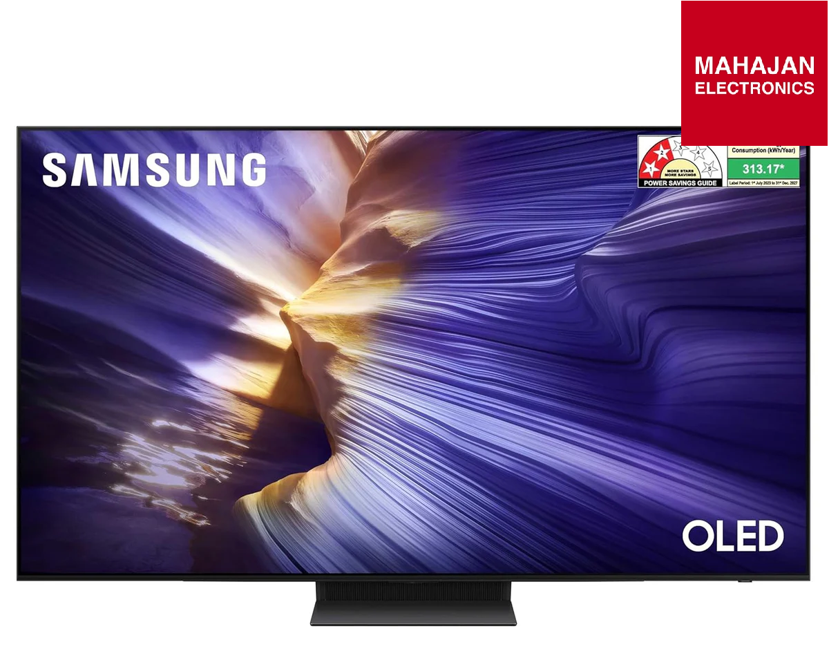 Samsung OLED TV with Mahajan Electronics logo in the corner