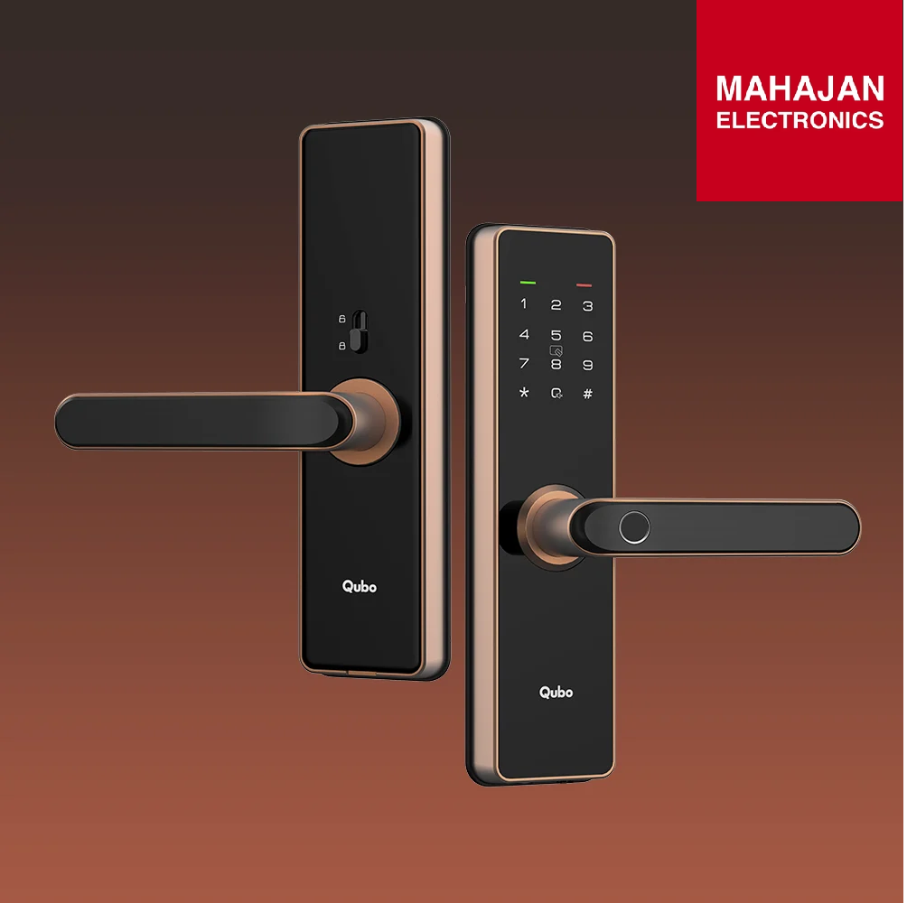 Digital door lock with keypad on a brown background, featuring the Mahajan Electronics brand.