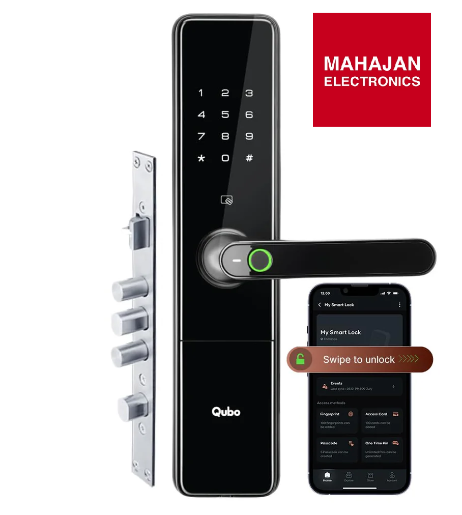 Smart door lock with digital keypad and smartphone app interface, branded as Mahajan Electronics and Qubo.