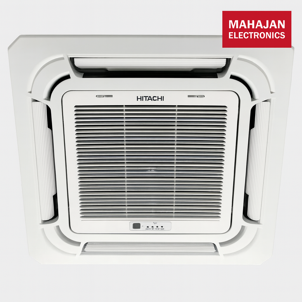 Hitachi air conditioner with Mahajan Electronics logo on a white background