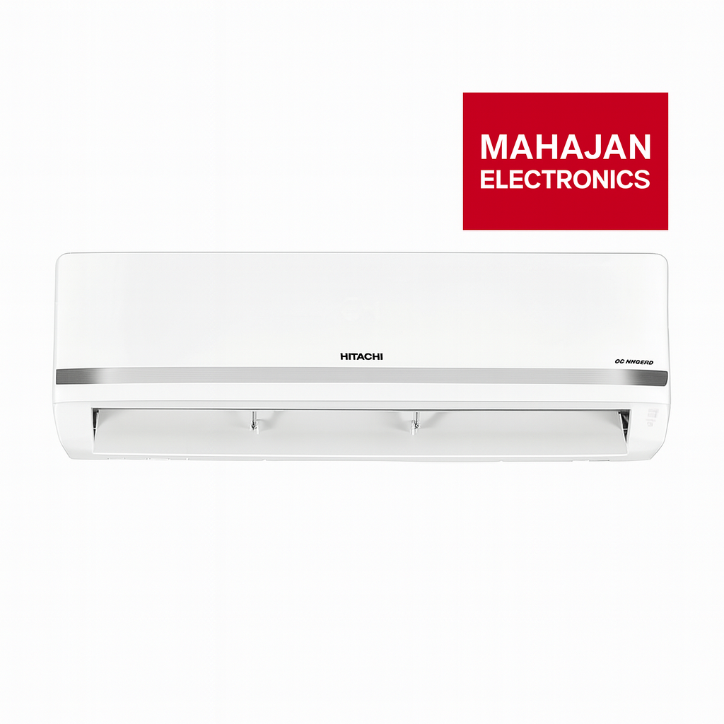 Hitachi air conditioner with Mahajan Electronics logo on a white background