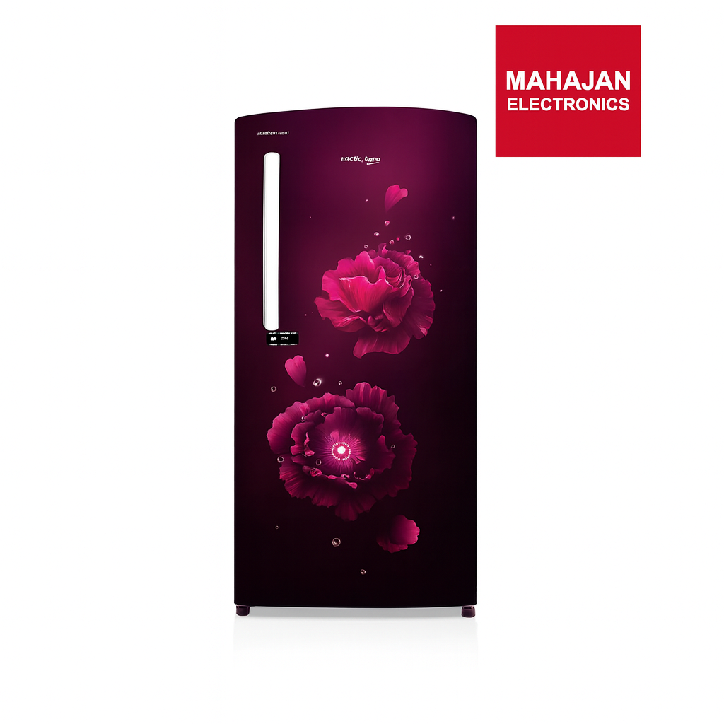 Purple refrigerator with floral design on a white background, featuring the Mahajan Electronics logo.