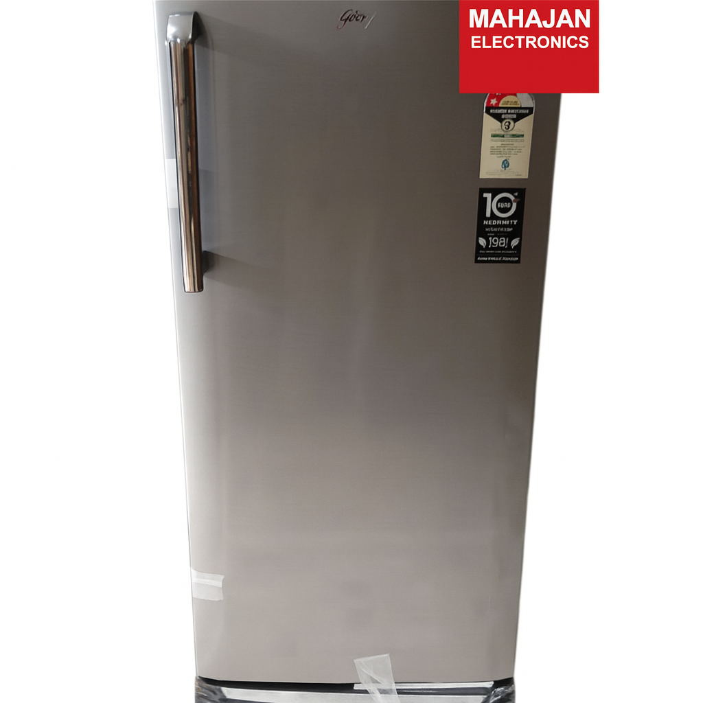 Silver refrigerator with Mahajan Electronics logo on a white background