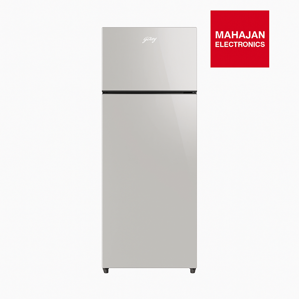 Silver refrigerator with Mahajan Electronics logo on a white background